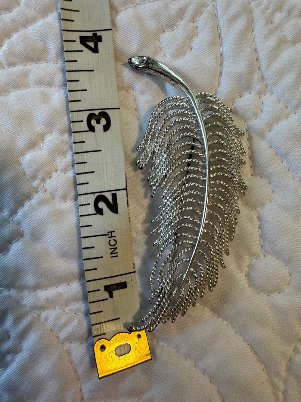 Vintage Silver Feather Brooch Pin - Metallic Silver Leaf Accent